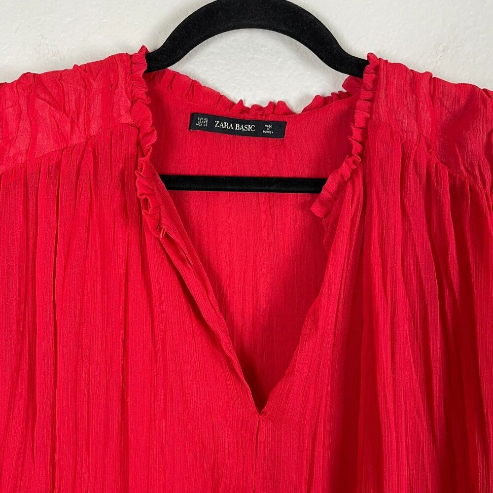 Zara‎ Womens XS Red Chiffon Pleated Blouse 3/4 Sleeve Shirt Top - Picture 7 of 14